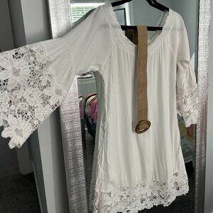 White Boho Tunic Dress with Lace